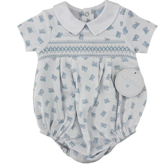 Edgehill Collection Train Print Short Sleeve Smocked Bubble Romper Sz 3 M - Picture 1 of 6